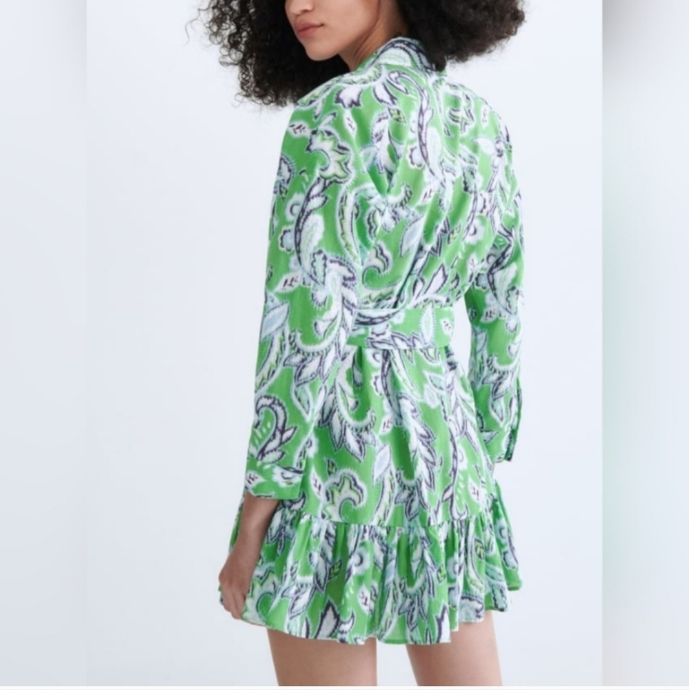 ZARA Spring Collection 2022 Blue / Green Printed Shirt Mini Dress Size L - Picture 4 of 14